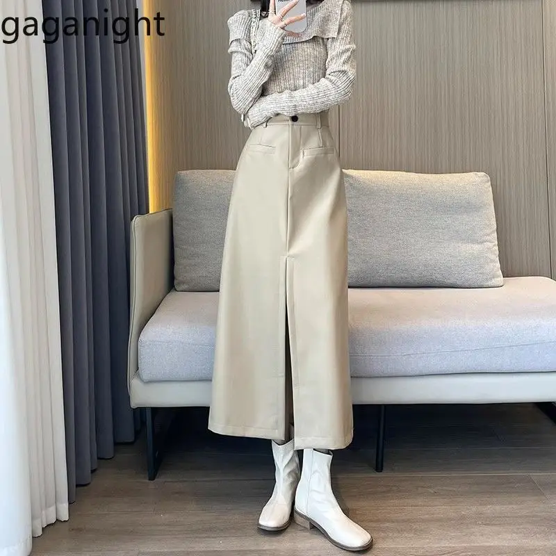 Gaganight Women Black PU Leather Half Body Skirt Women's Autumn Winter 2024 New Style Mid Length High Waist Slimming Slit Skirt