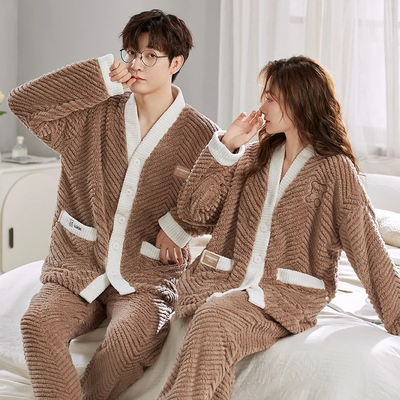 Pijamas de flanela para casais, pijama na moda quimono, roupa caseira coral pijama de lã masculina e feminina, inverno e outono