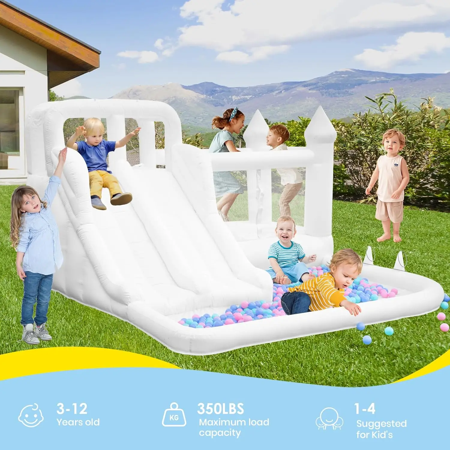 Casa de salto branca oxford, castelo inflável infantil com escorregador e piscina de bolinhas, brinquedos infláveis médios a grandes para crianças