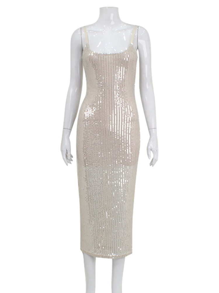CNYISHE Elegante Pailletten Sexy Club Vrouwen Jurken Mouwloos Party Spaghetti Band Streetwear Schede Mode Bodycon Slanke Vrouwelijke