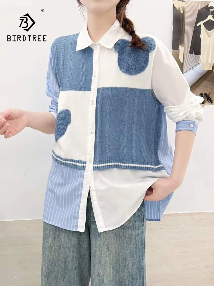 

Новинка 2025, осенняя хлопковая рубашка с длинными рукавами, женская полосатая вязаная лоскутная блузка с отложным воротником, свободная блузка в стиле ретро Mori Girl T5O081CC