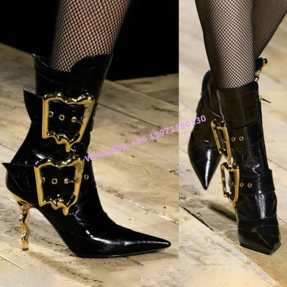 

Bent metal Buckle Boots Strange Style Heels Pointy Toe Side Zipper Women's Runway Boots Niche Black Solid Ankle Boots 2025