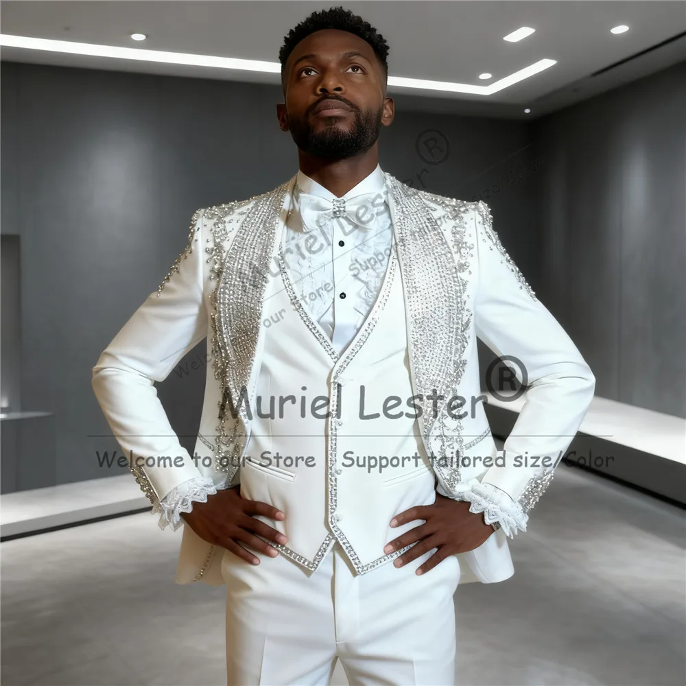 메탈릭 주얼리 스톤 장식 웨딩 수트 턱시도 맞춤 제작 3피스 세트 비즈 장식 신랑 블레이저 슬림핏 남성 연회복