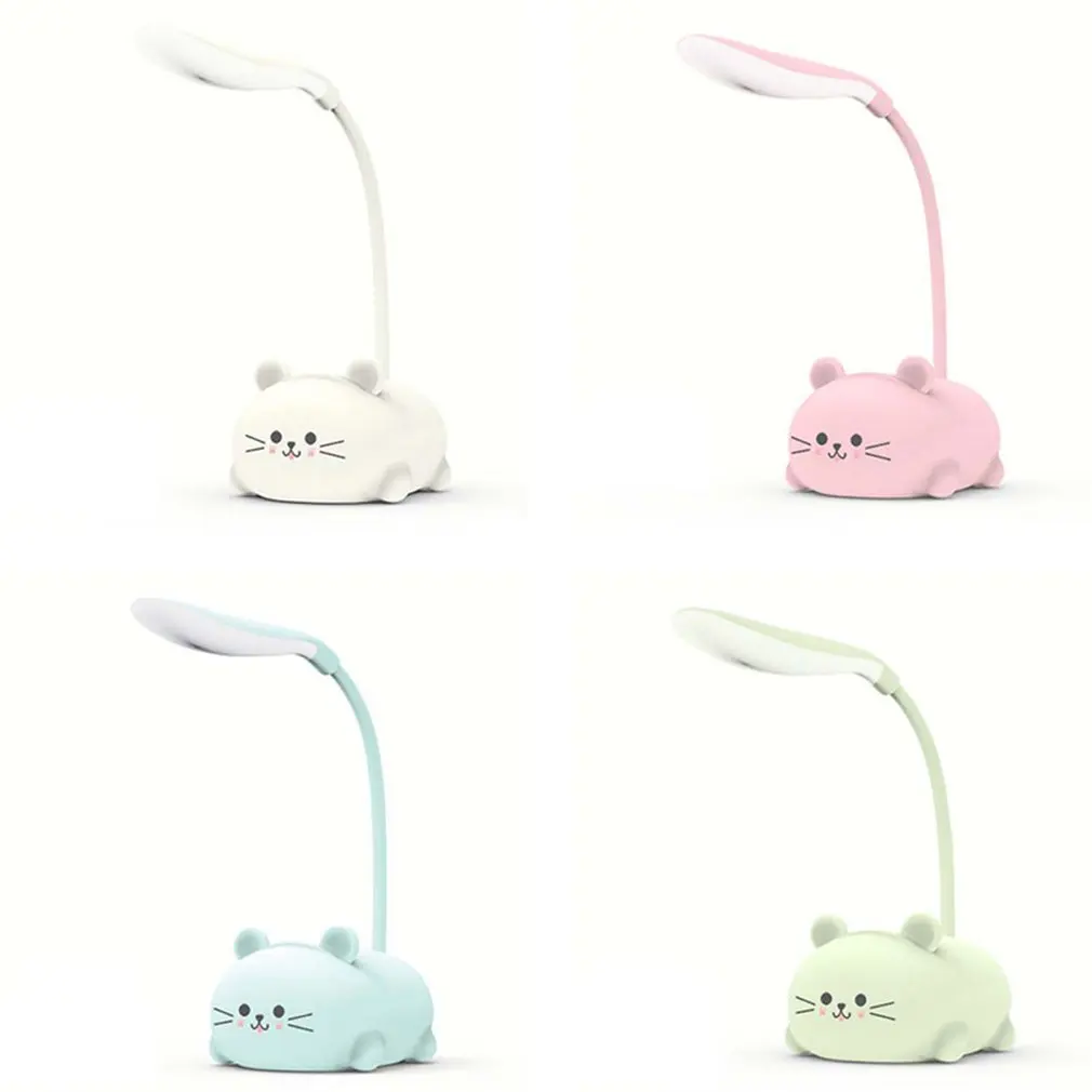 Lámpara de mesa blanca cálida para lectura, luz LED de noche con batería de recarga USB, protección ocular para niños, dibujos animados de animales, gatos y mascotas