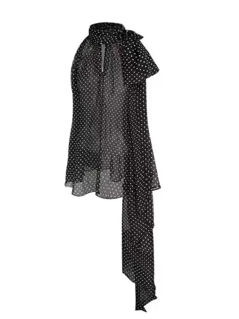 

Kimotimo Sexy Lace Up Polka Dot Chiffon Blouse Women 2026 New Off Shoulder Sheer Loose Tops Retro Versatile Y2k Shirts Camisas