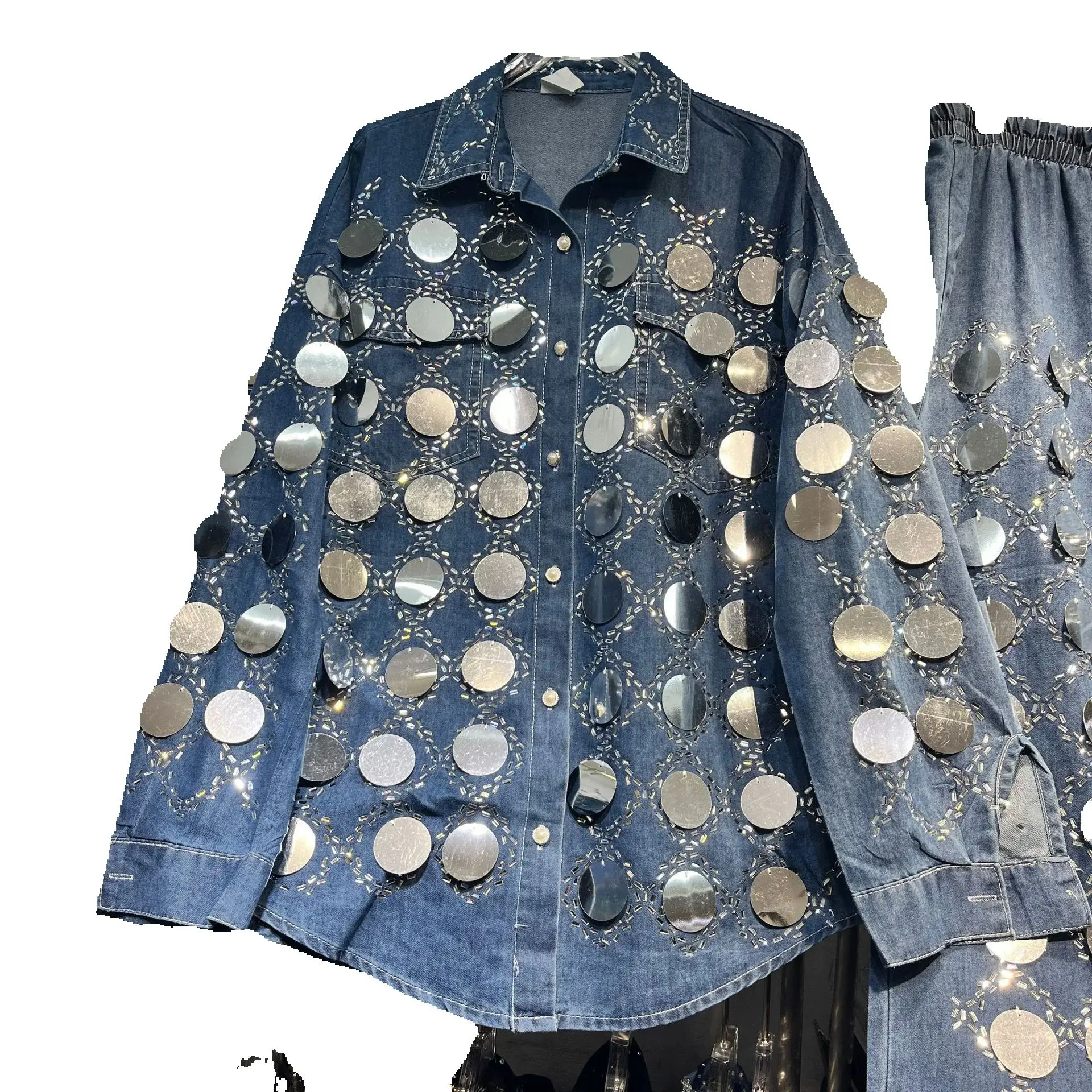 

Trendy Large Sequins Beads Long Sleeve Denim Shirt Spring Autumn Loose Cardigans Coat Elastic High Waist Wide Leg Jeans Suits