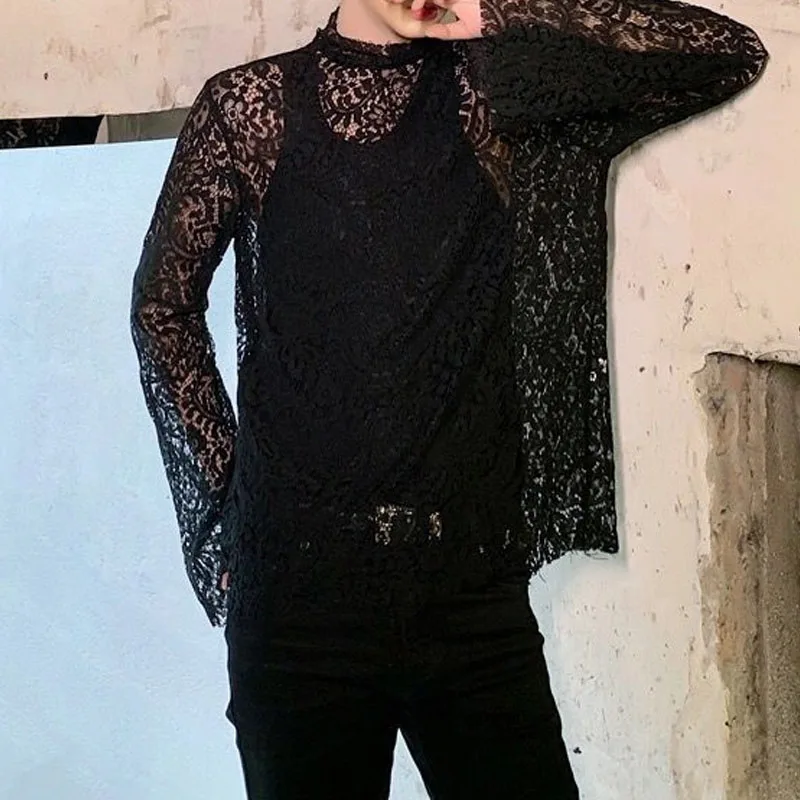 Fashion Round Neck Lace Clothes 2023 Summer Long Sleeve Hollow Breathable Bottoming Shirt Men\'s Thin Style Personality T-shirt