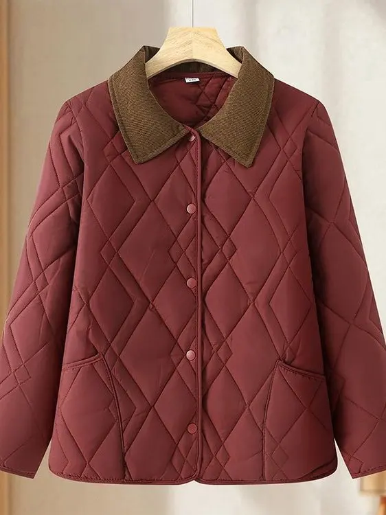 Lightweight Casual Duck down Cotton Jacket for Mom Autumn Winter Clothes Diamond Pattern Loose Fit Female Fashion