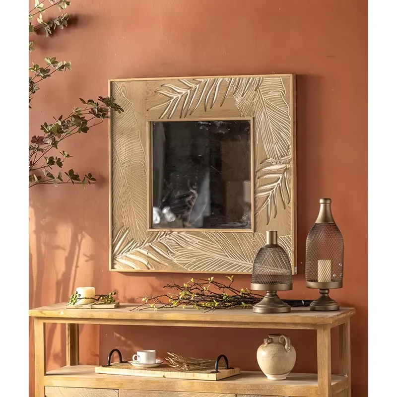 Retro Farmhouse Entryway Wood Mirror Luxury Round Rustic Solid Wood Wall Decor for Home Living Room