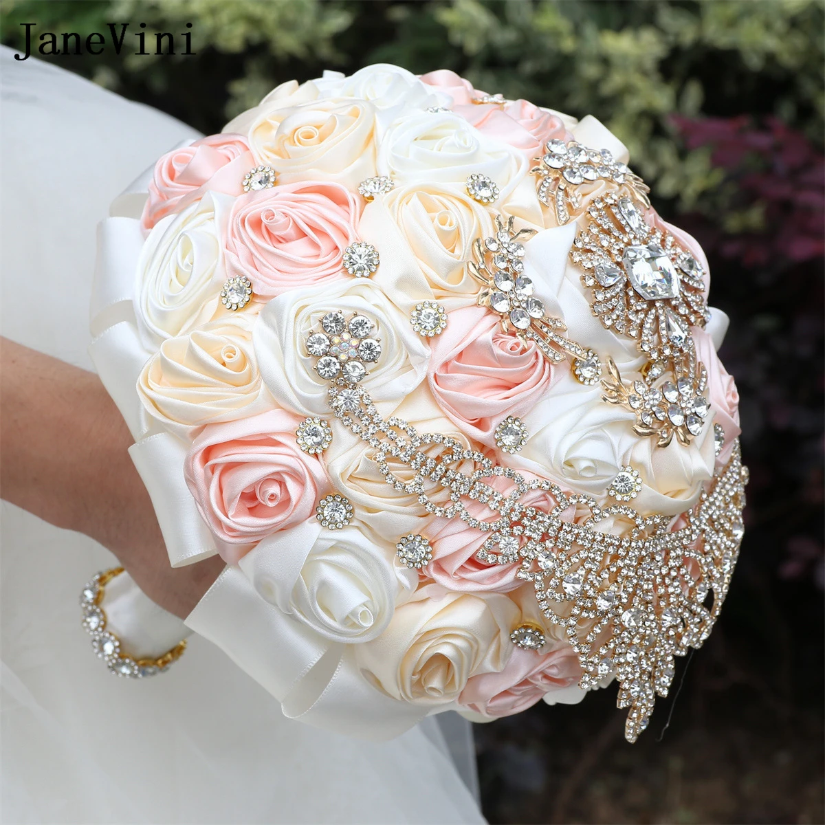 JaneVini Luxury Gold Rhinestone Jewelry Bridal Bouquets Wedding Decoration Satin Flowers Roses Light Pink Romantic Bride Bouquet