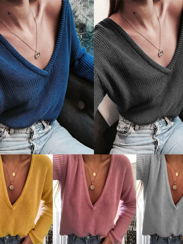 

Повседневный вязаный свитер с длинным рукавом и V-образным вырезом, однотонный, в уличном стиле, женский, модный, весенне-осенний, удобный крой