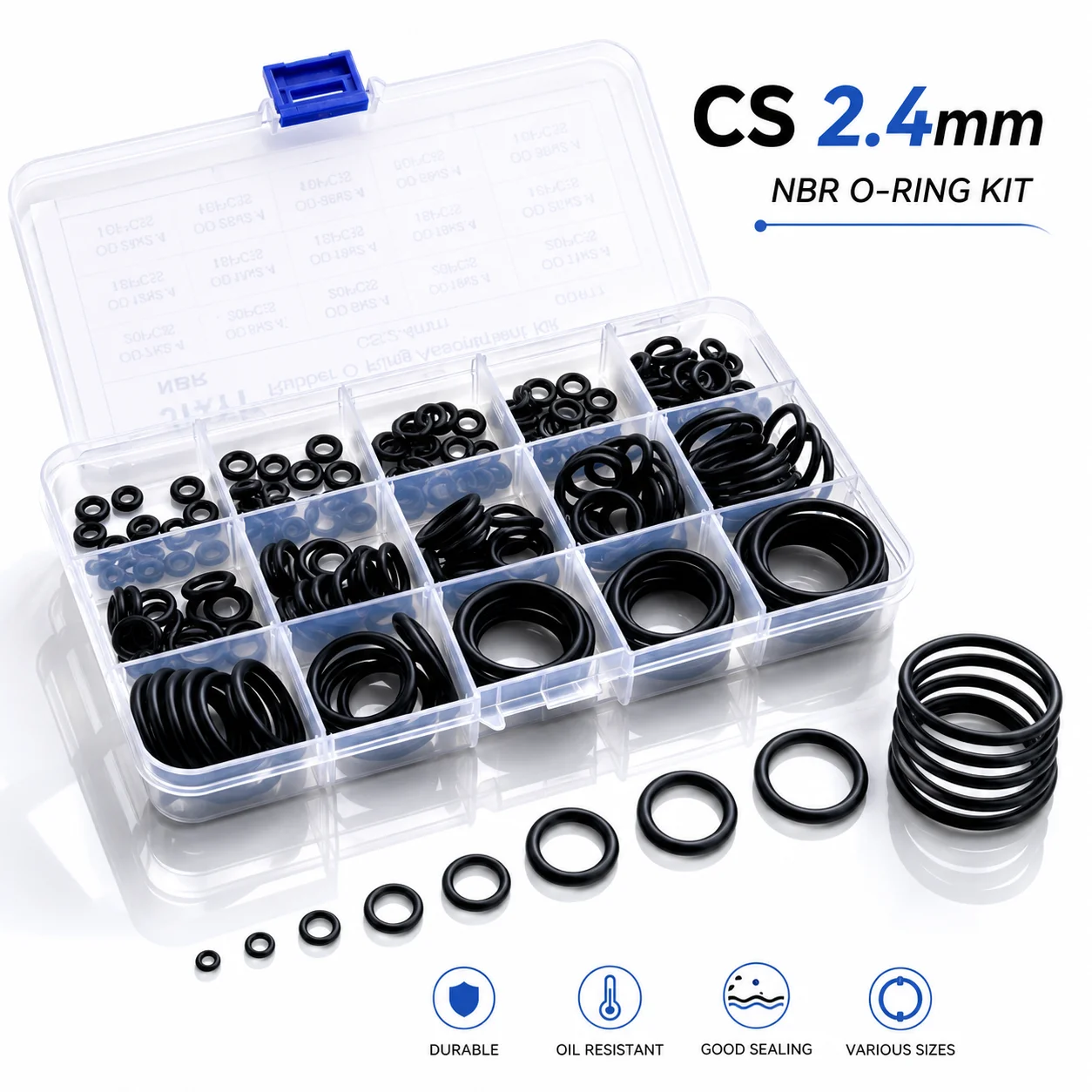 225 Pieces NBR Nitrile Rubber O-ring Set CS 2.4mm Outer Diameter 7-30mm Industrial and Household Multi Scene Sealing Ring Set
