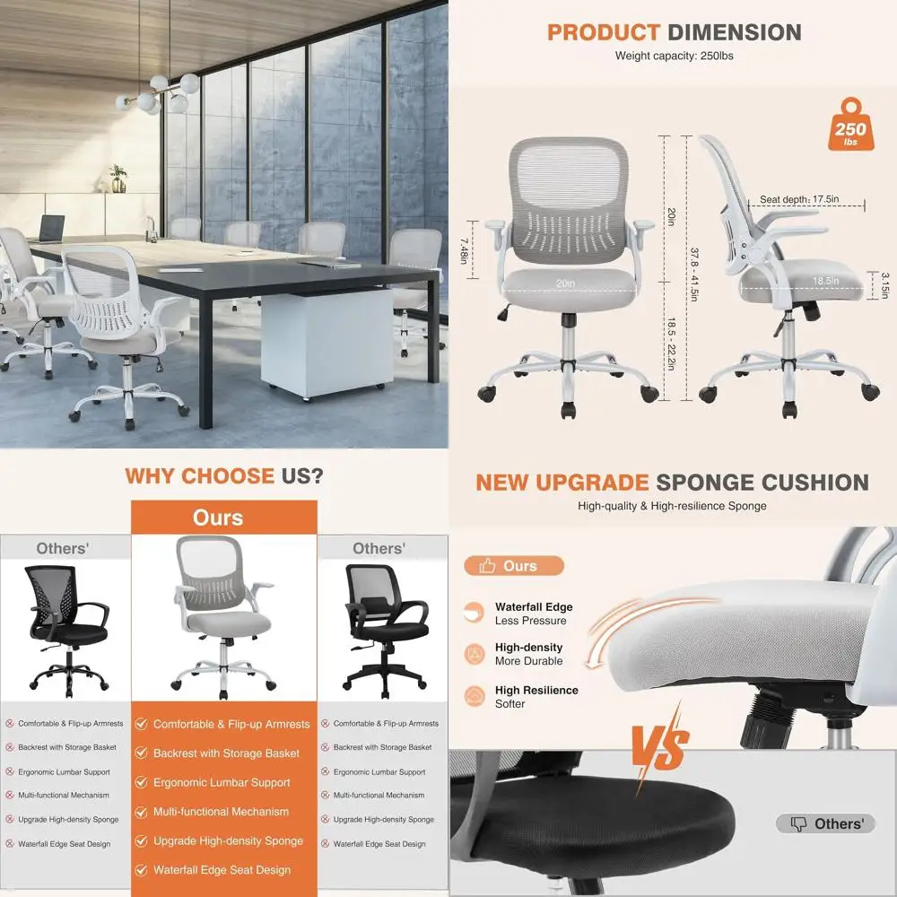 

Ergonomic Mid-Back Mesh Swivel Chair with Wheels, Comfortable Lumbar Support, Flip-up Arms for Home Office, Study, Gray