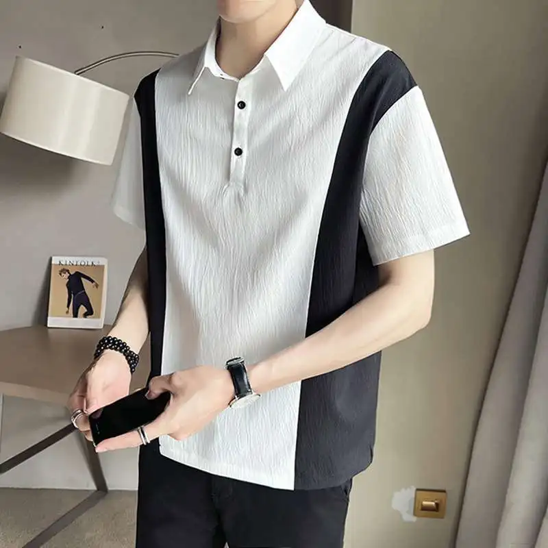 

Ice Silk Short Sleeve Shirt Men's Casual Turn-down Collar Half Sleeve Trendy And Handsome Summer T-shirt Polyester Fiber