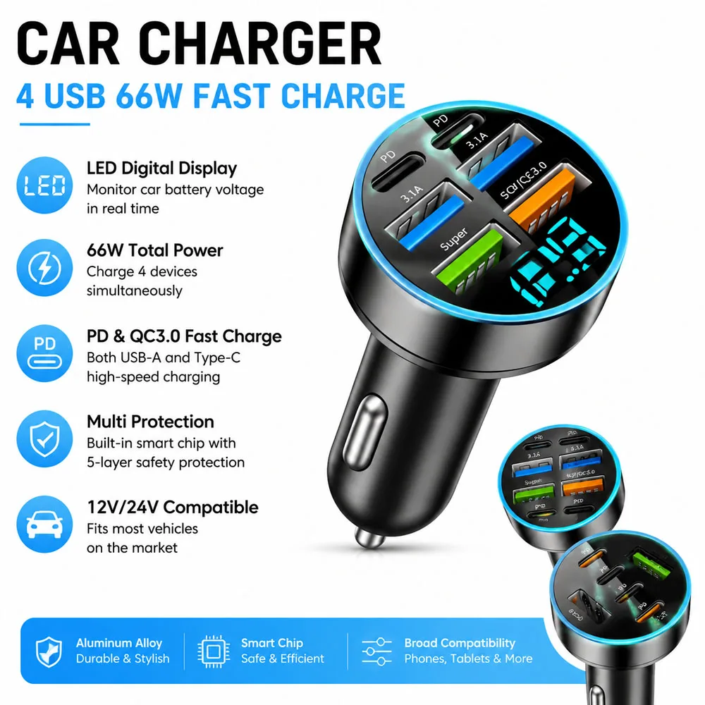 PD QC3.0 USB C Car Charger 6/8Ports USB Super Fast Charging Phone Charging Voltage Detection Digital Display Phone Charger