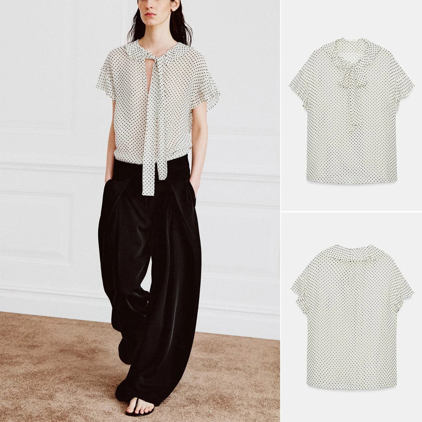 

Summer New Polka Dot Shirt Women's Casual Style round Neck Short Sleeve Knot Straight Hemline Breathable Polyester