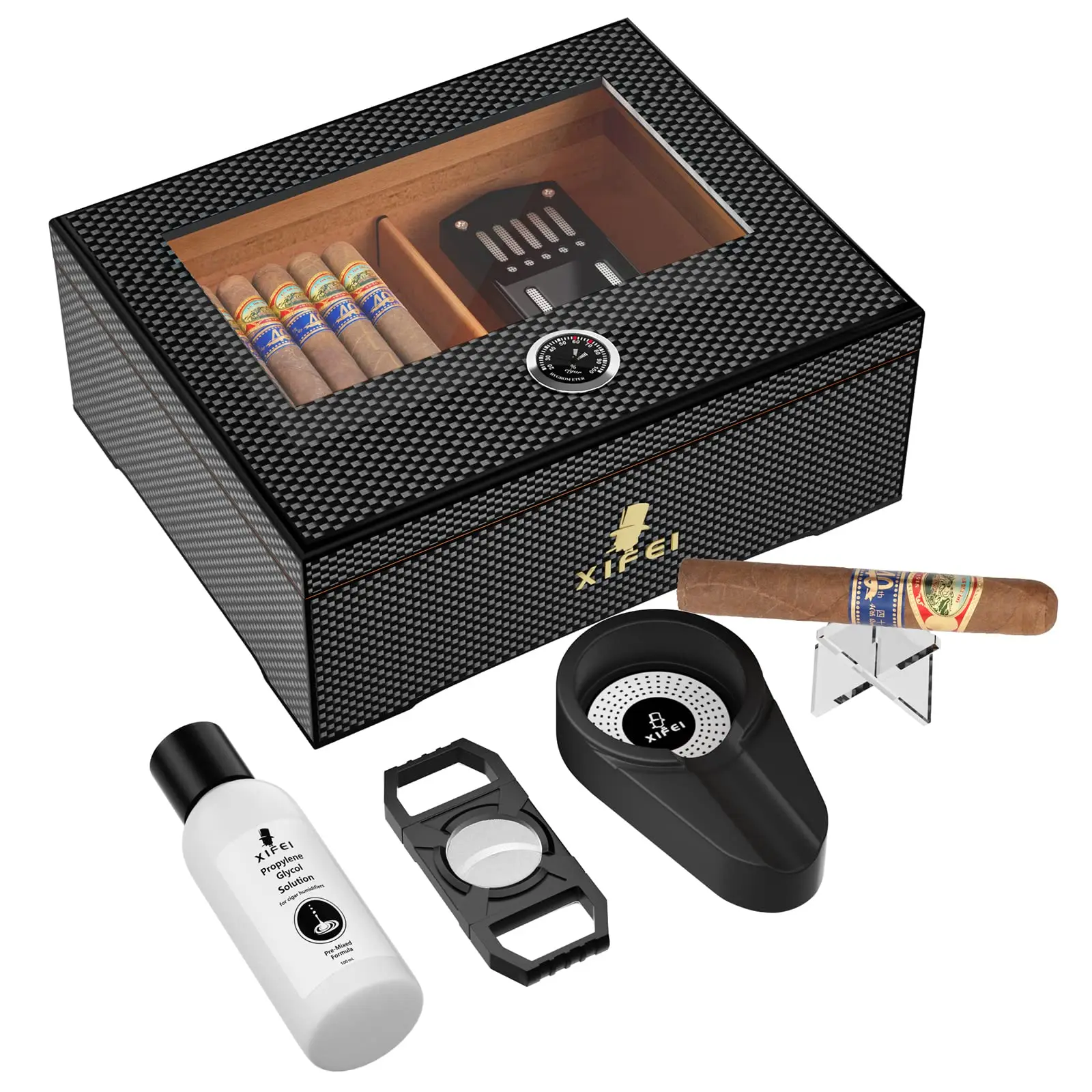 

XIFEI Cigar Humidor With Hygrometer Humidifier Humidor Solution Cigar Ashtray Cigar Stand Fiber Cigar Box Fit 25-60 Cigars