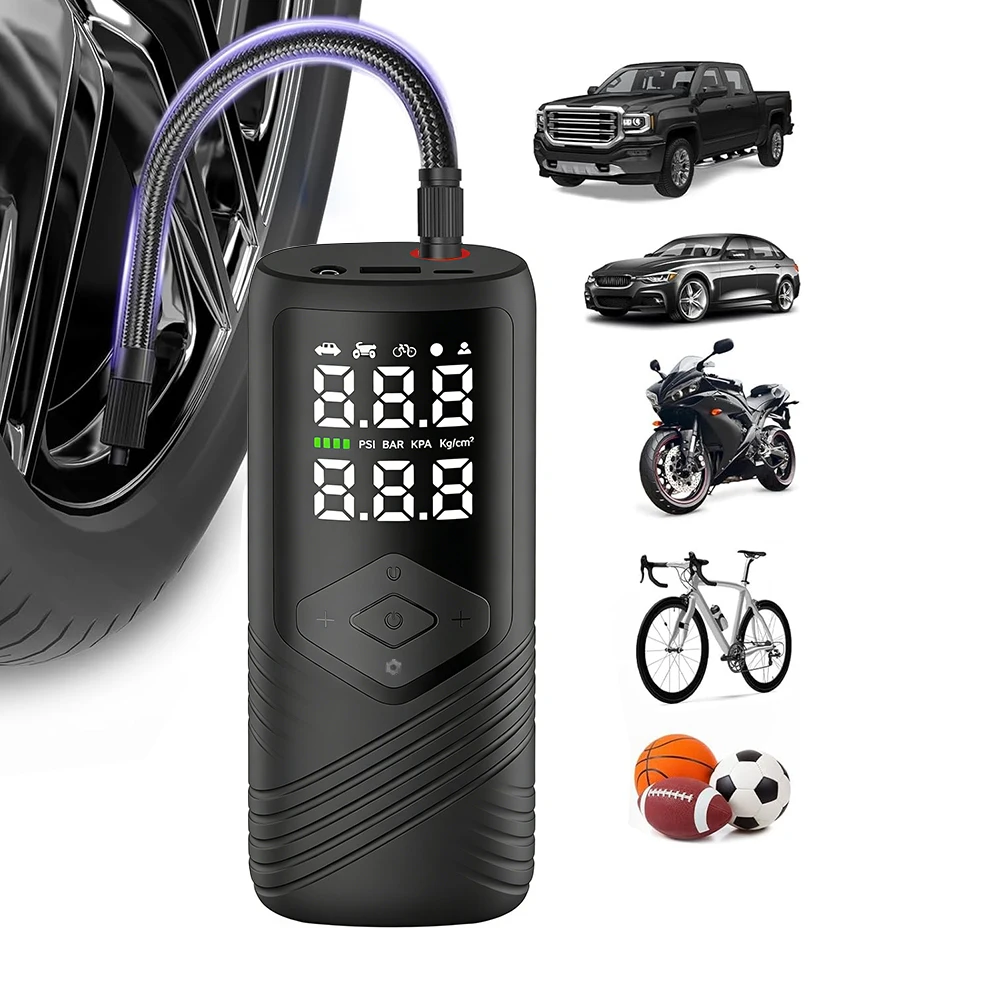 

Беспроводной автомобильный насос для накачивания шин 5000 мАч 150PSI, электрический воздушный насос для автомобилей, велосипедов, мотоциклов с функцией Power Bank для телефона