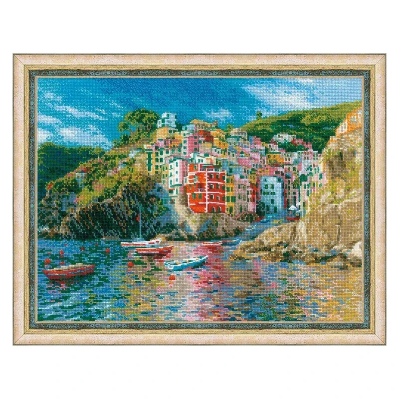 Amishop hermoso Kit de punto de cruz contado Liguria Gulf Bay Cliff ciudad país paisaje de montaña bordado decorar Riolis 1747