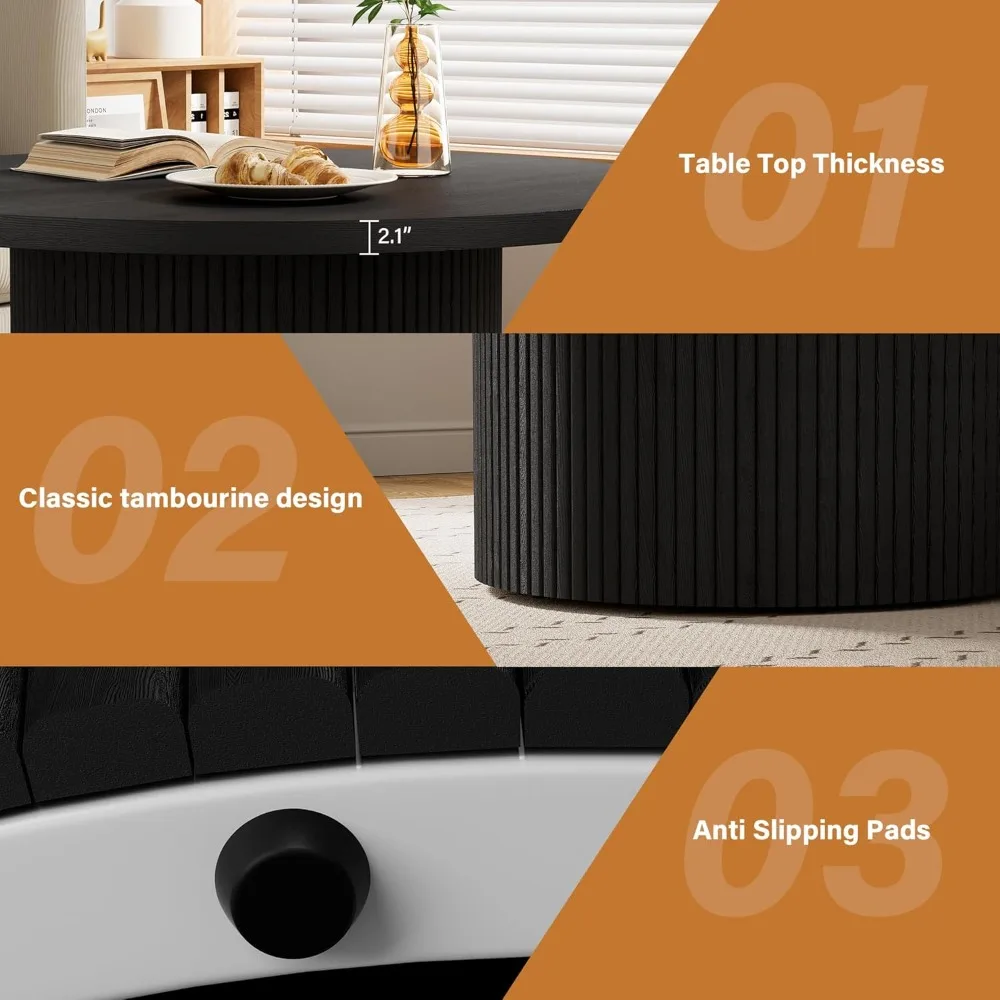 Round Coffee Table, 35.4 Circle Wide Coffee Table, Wood Table and Center Table for Living Room, Black