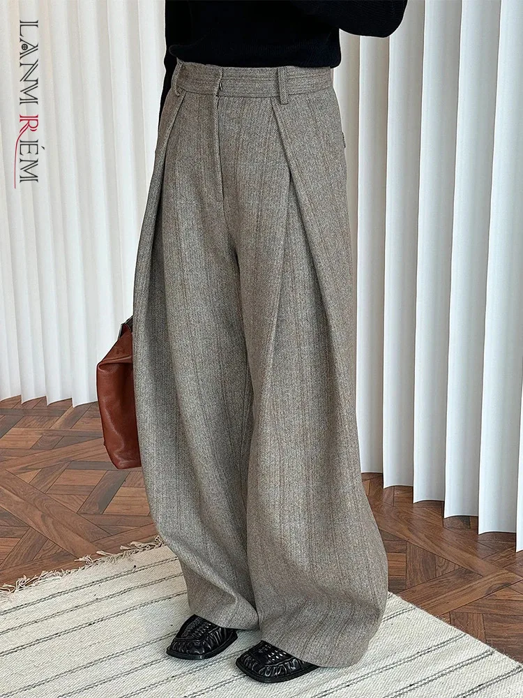 

[LANMREM] Vintage Striped Wool Pant Women High Waist Pleated Wide Leg Trousers Office Lady Warm Clothing 2024 Winter New 26C712