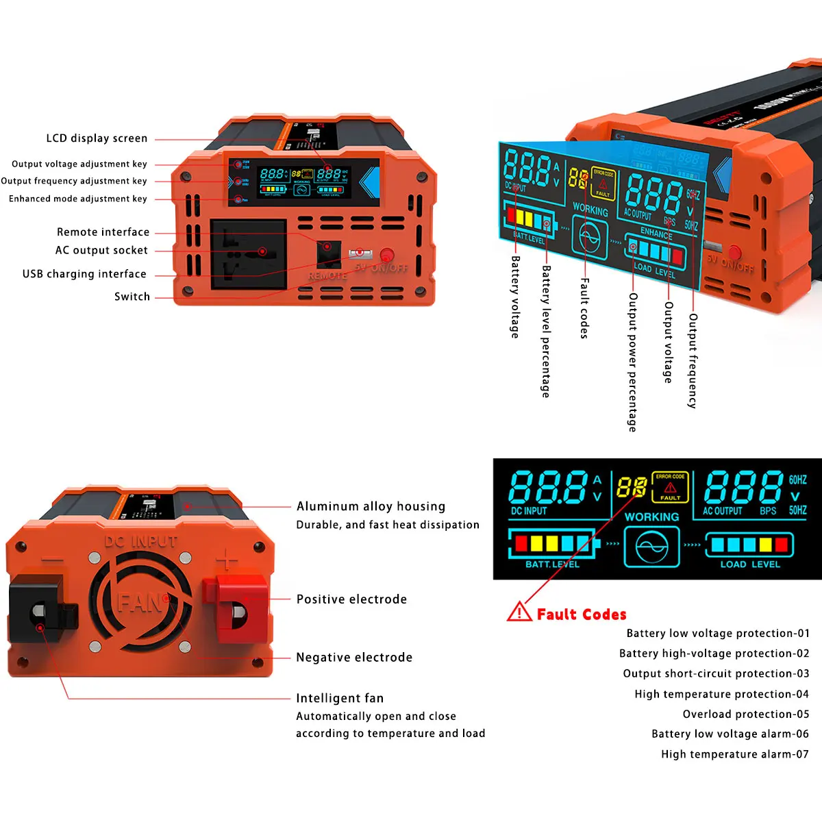 Imagem -02 - Belttt-inversor de Onda Senoidal Pura com Display Lcd Conversor de Energia para Casa Camping rv 12v 24v 220v 230v Auto Acessórios