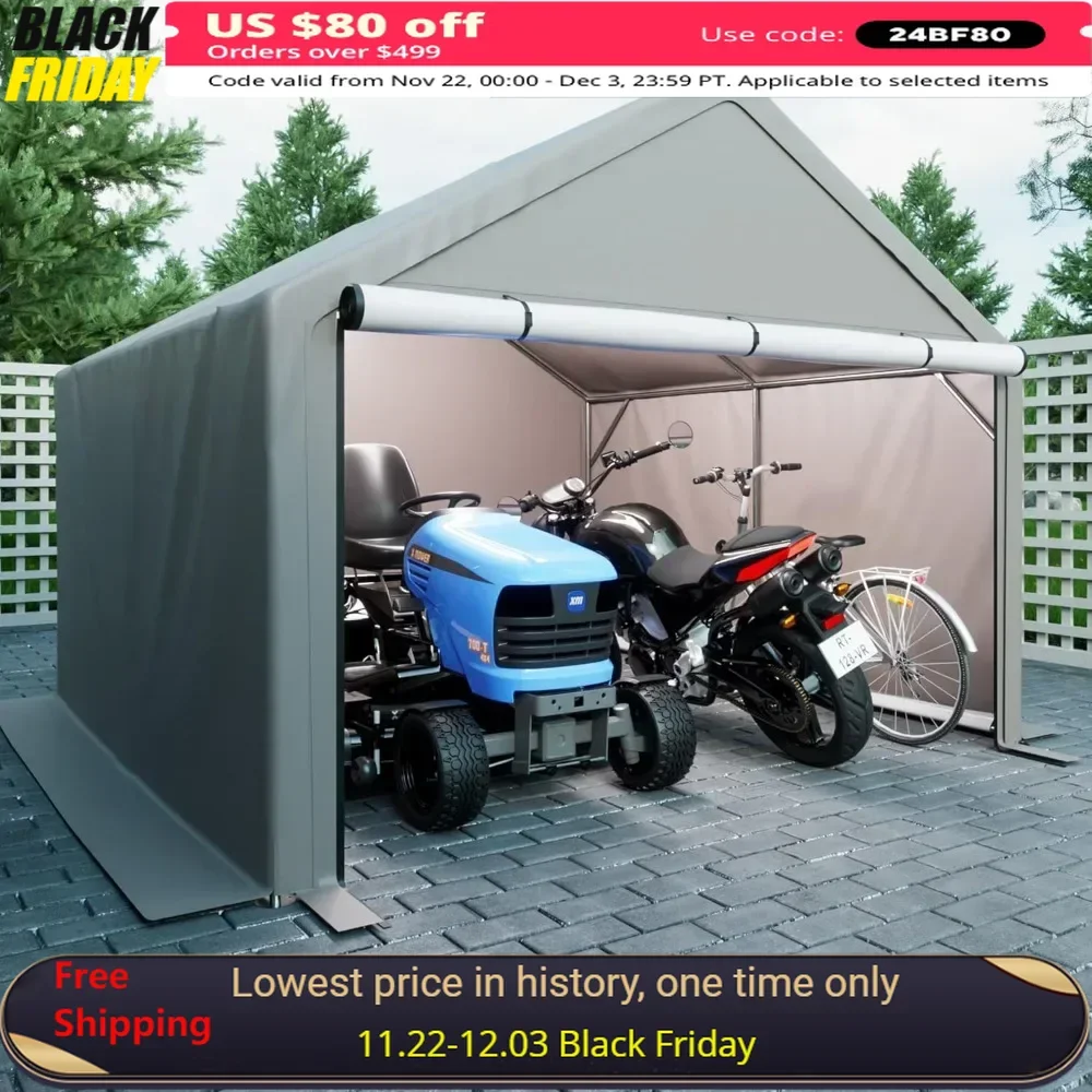 10x10 FT Portable Carport with Roll-up Doors Shelter for Garden Tool，Lawn Mower，Motorcycleand，Outdoor Storage Garage