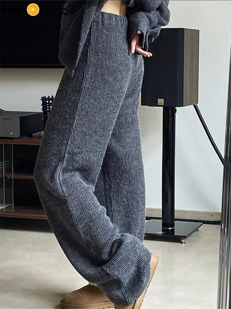 HanOrange 2024 Autumn Lazy Vintage Texture Wide Leg Pants Comfortable Elastic Waist Fashion Trousers Female Beige/Grey