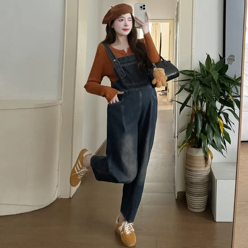 American Vintage Causal Washed Denim Jumpsuits for Pregnant Women Maternity Bib Jeans Pants Y2K Youth Pregnancy Loose Overalls