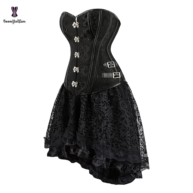 Women Strapless Bustier Top Heavy Steel Boned Corset Dress Brown Black Burlesque Gothic Corselet Skirt Set Plus Size S To 6XL