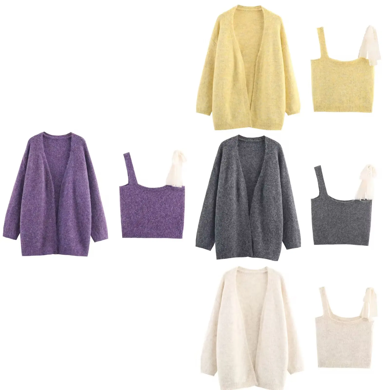 

DiYiG WOMAN 2025 Autumn New Fashion Lace Shoulder Strap Vest Long Sleeve Knitted Loose Jacket Outerwear Mujer