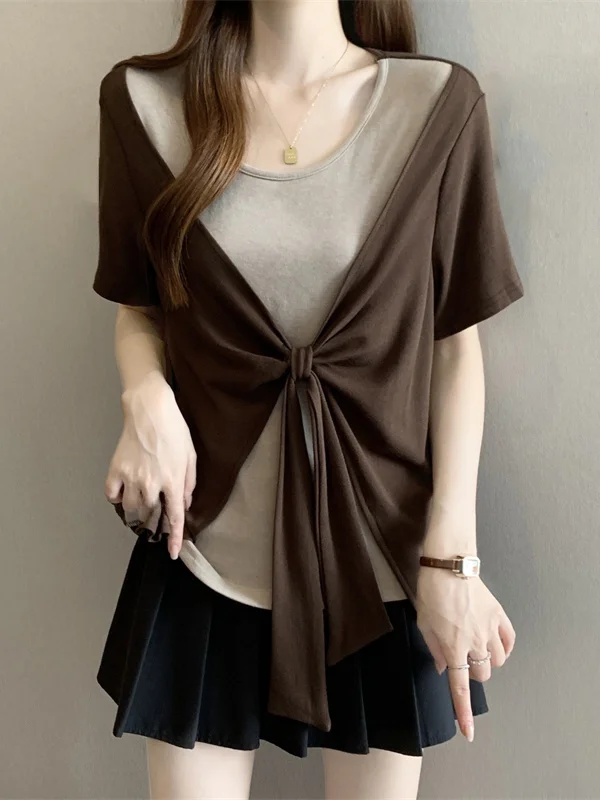 Mellows Summer New Large Size Coffee Short Sleeve Women's T-shirt Shoulder Width Regular Style Commute Wind Unique Small Shirt
