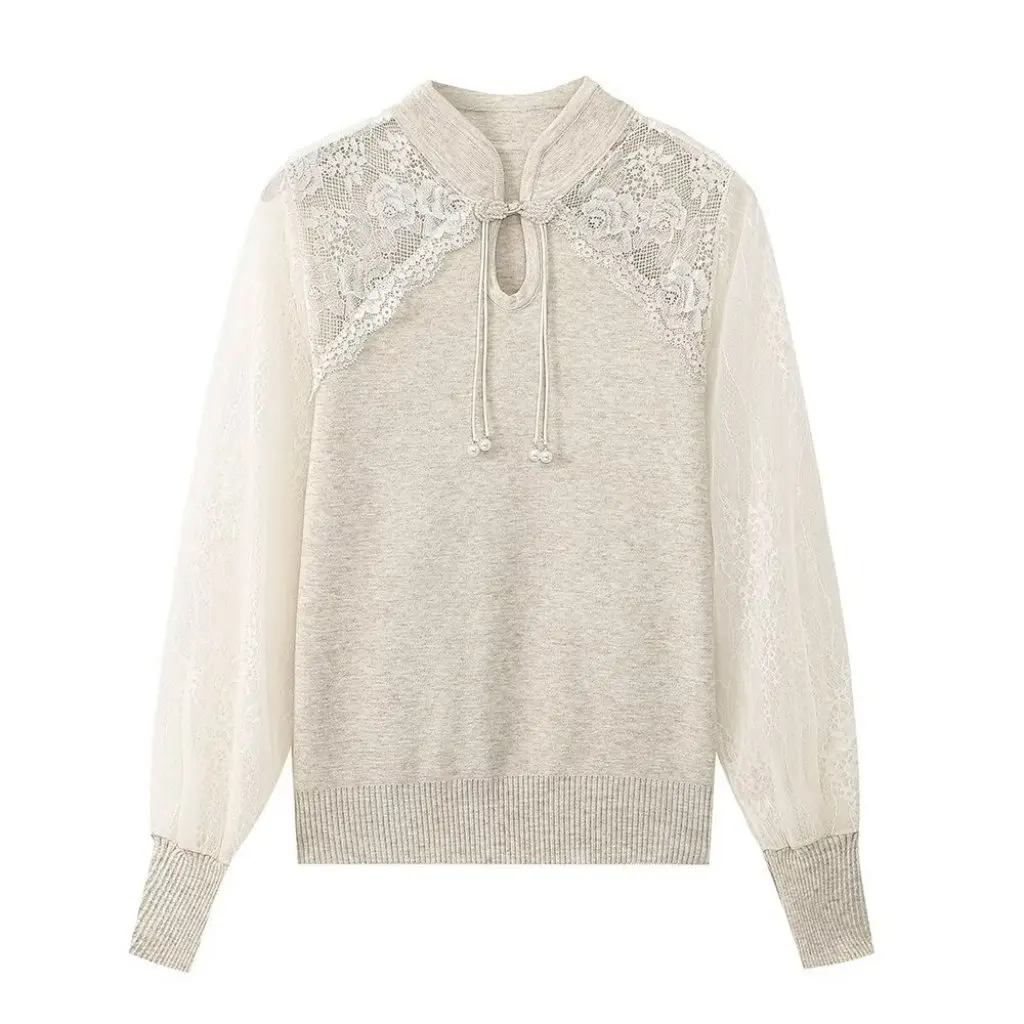 

Fashion Retro Women's Knitwear Long Sleeve Top Bead Buckle Stitching Autumn E73719