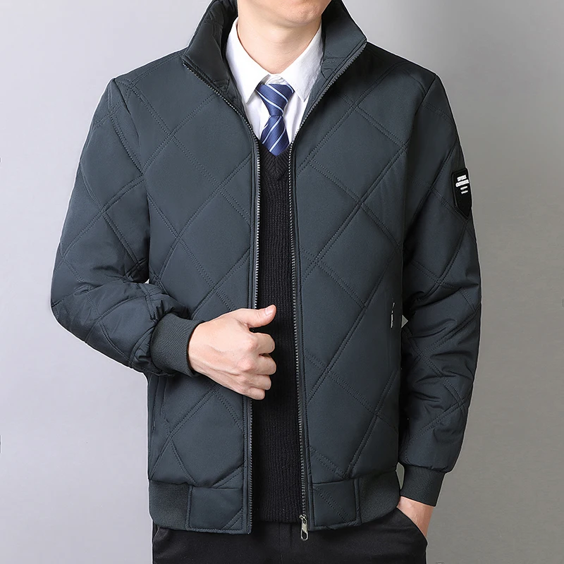 Fleece Lined Thick Quilted Coat Men Stand Collar Windproof Winter Casual Jacket Male Solid Color Zip Up Warm Parka MY2588