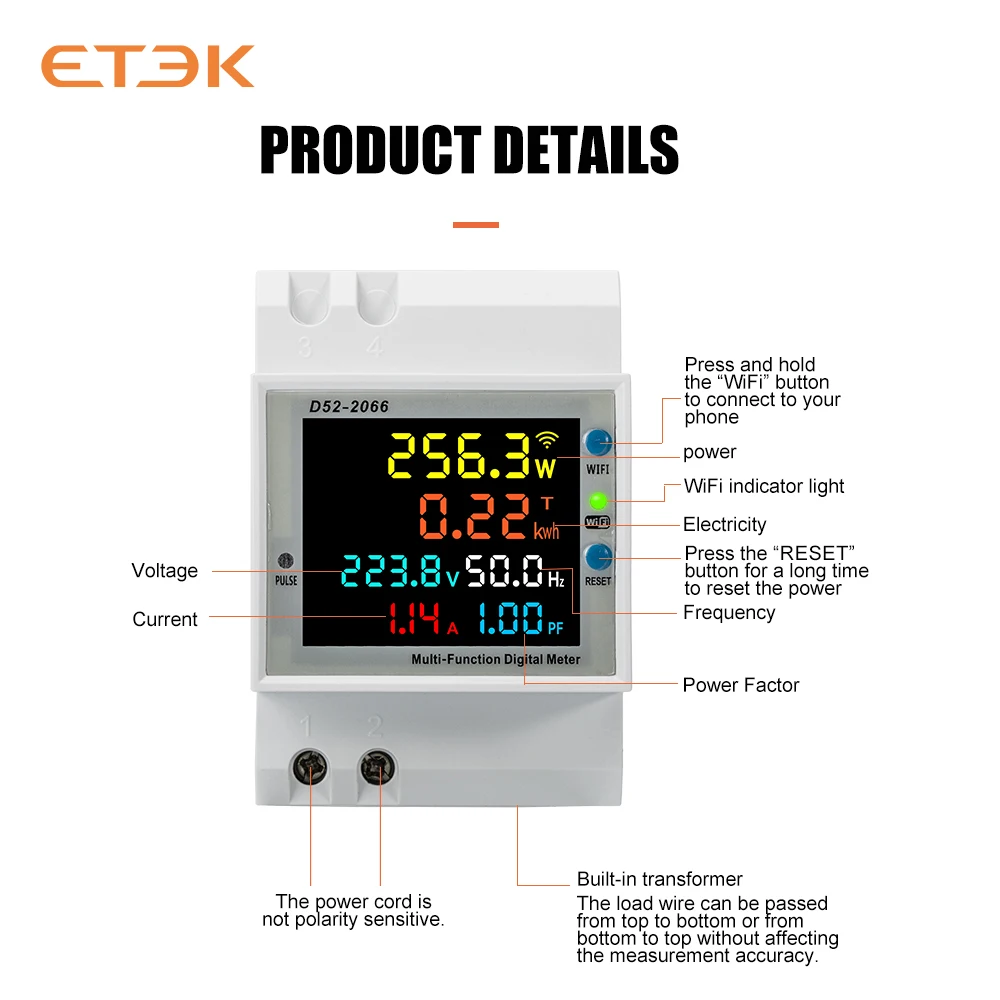 Монитор переменного тока ETEK 6in1Din, 110 В, 220 В, 380 А