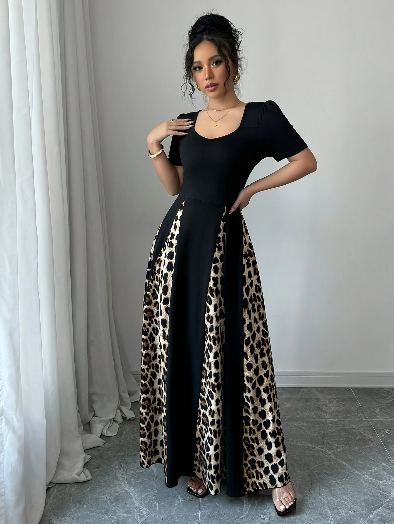 Dresses for Women New Short Sleeve O-Neck Slim Women Dress Leopard Patchwork A-LINE Dress Women Vestidos De Verano Mujer Q1880
