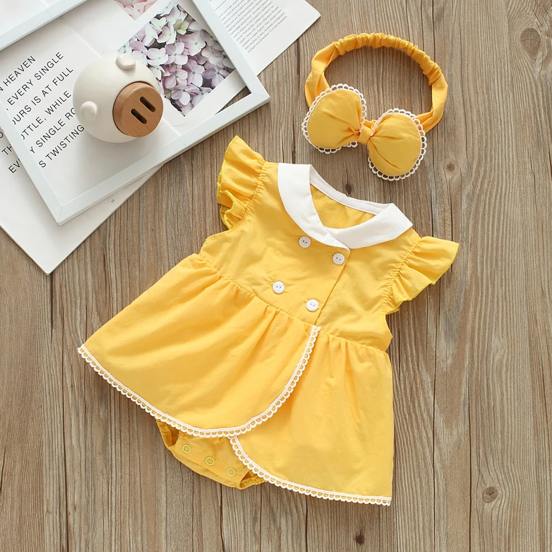 IYEAL Baby Girl Pure Cotton Dress 2025 Spring/Summer Banana Collar Baby Sleeveless Bodysuits  Dress With Hair Band