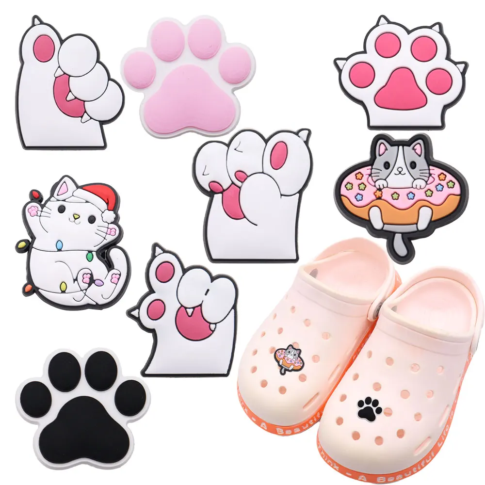 Sell Retail 1-8pcs Shoe Charms Cute Pink Cat's Paw White Cat Dount Accessories PVC Sandals Decoration For Kids Party Gift