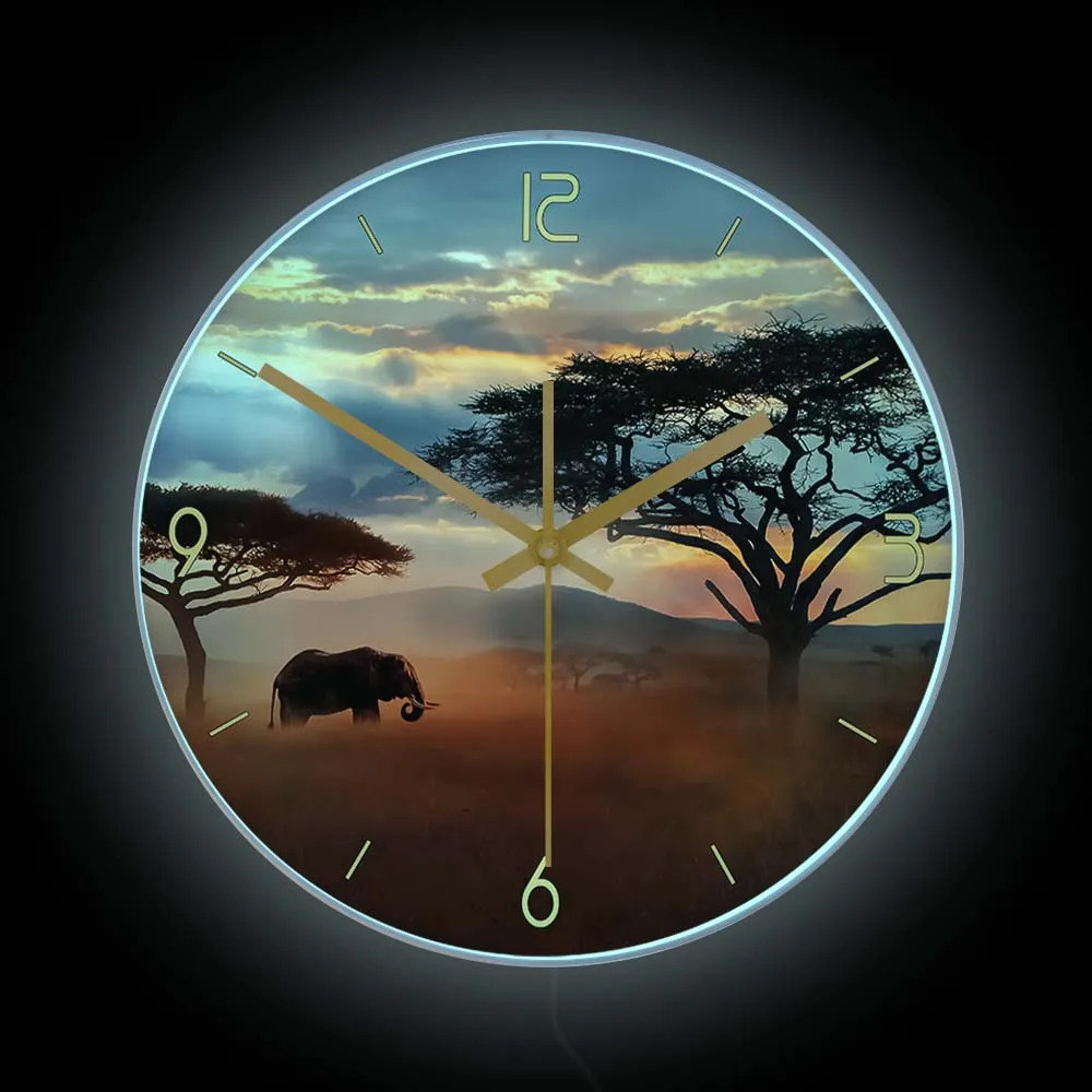 African Sunset Forest Landscape Modern Design LED Lamp Wall Clock For Bedroom Wildlife Animal Elephant Glowing Nightlight Clock