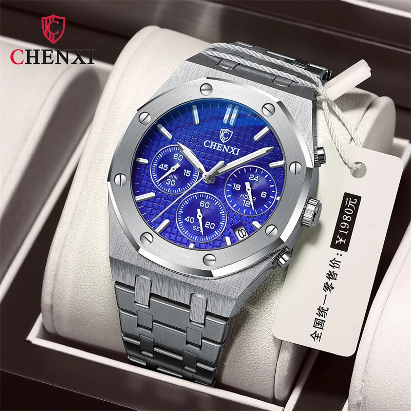 CHENXI 948 Top Luxury Brand Auto Date Wristwatch Mens Sport Waterproof Multi Function Chronograph Stainless Steel Wristwatches