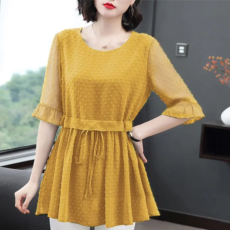 Fashion O-Neck Spliced Lace Up Bow Blouse Women Clothing 2023 Summer New Oversized Casual Pullovers Loose Butterfly Sleeve Shirt