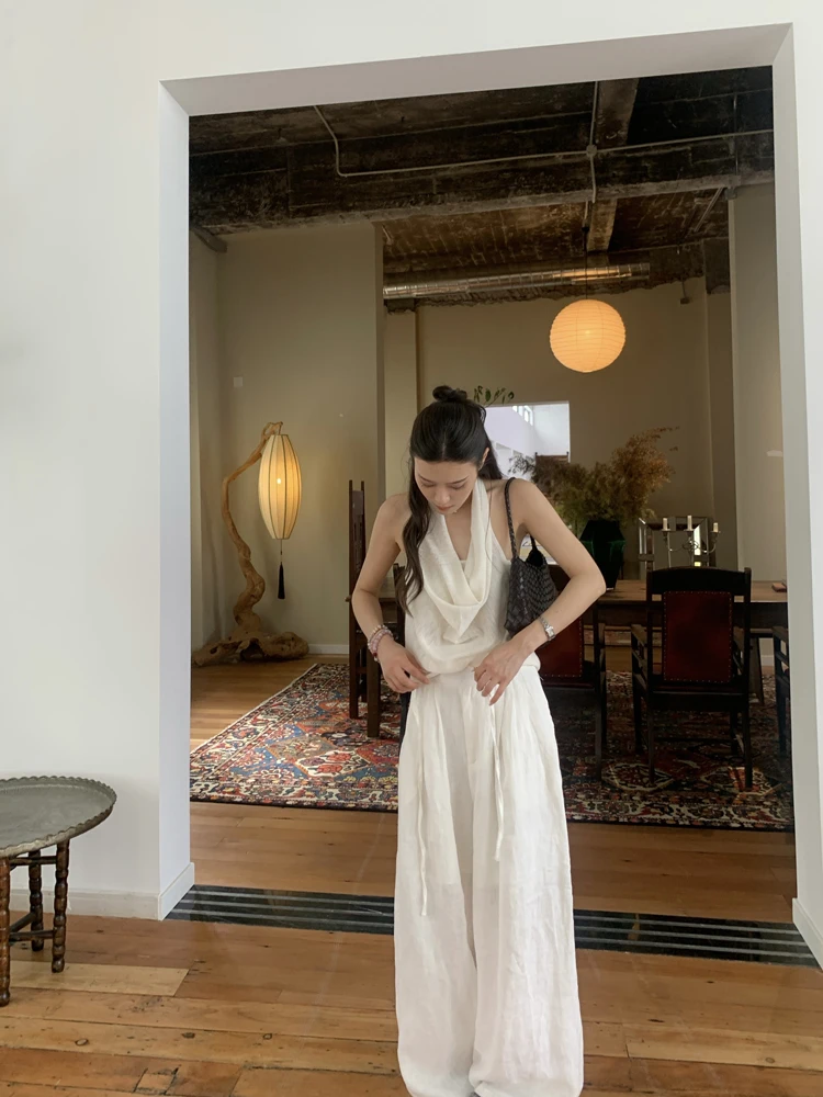 

l Pure Linen Loose Long Pants Bla White Icyangstore Casual Straight Leg High Waist Thin Summer Commute Sle