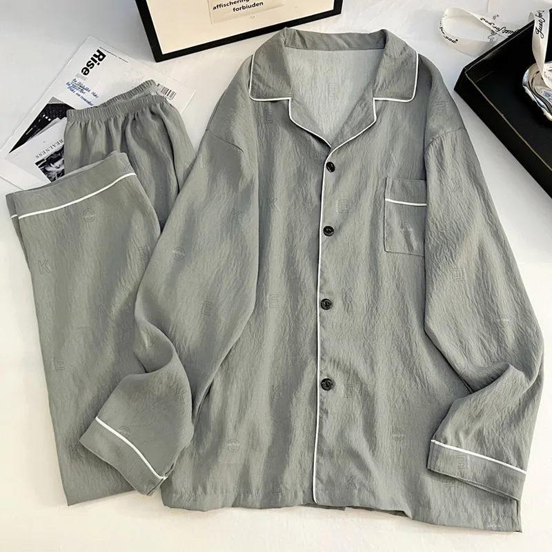 High-Fashion Minimalist Vintage Men's Youthful Cloud-Print Cotton Oversized Pyjamas Long-Sleeved Top and Trousers Two-Piece Set