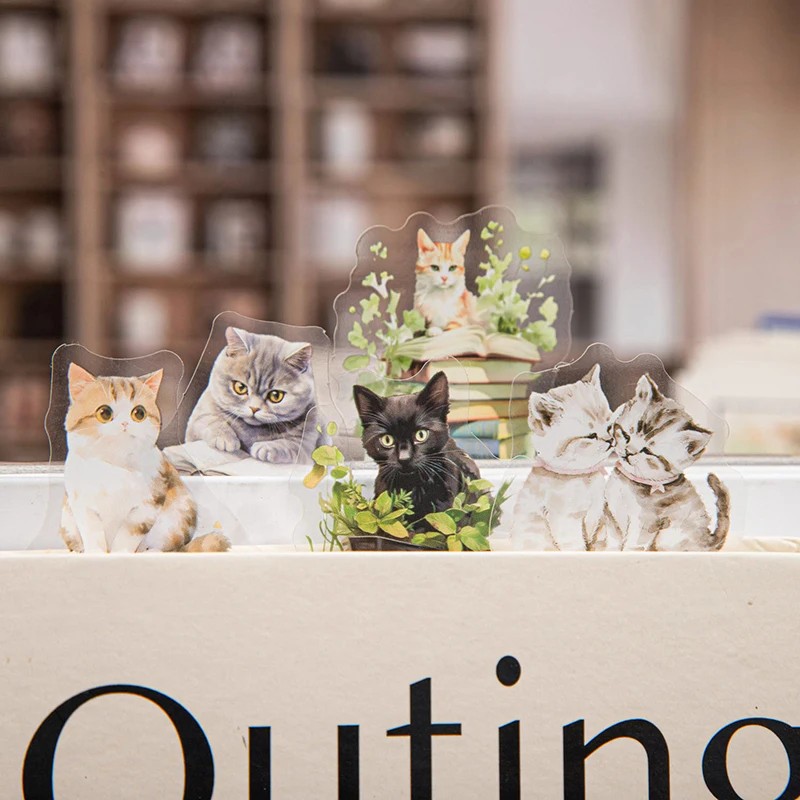 15pcs/bag PET Stickers Warm Bookstore Reading Pet Character Sticker Creative Hand Account Collage Material DIY Greeting Card