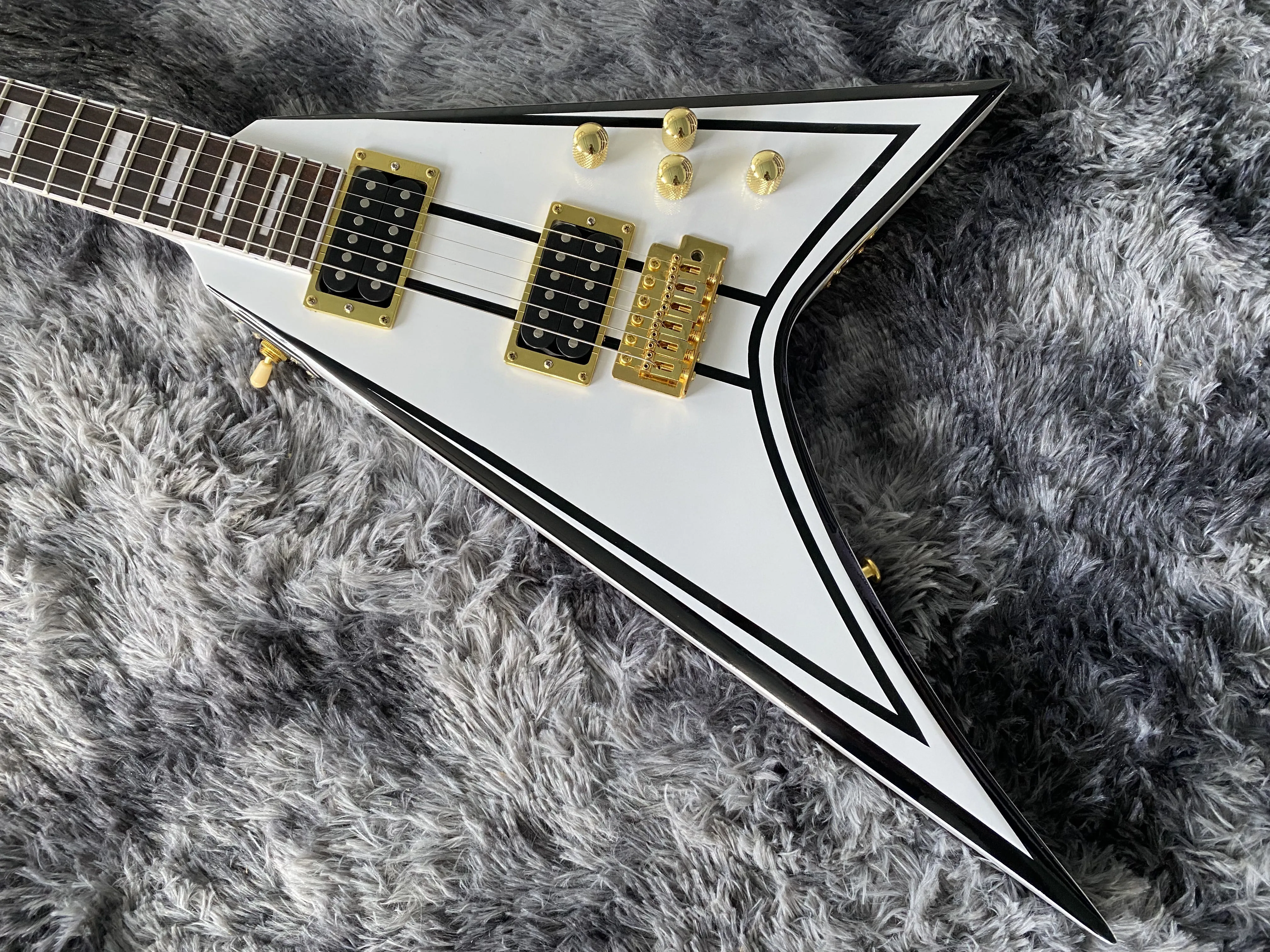 Chinese Electric Guitar Flying V White And Black Lines Gold Hardware