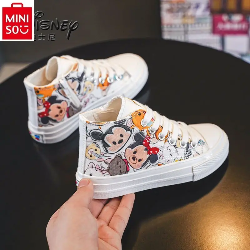 

MINISO Disney Cartoon Mickey Mouse High Top Little White Shoes Soft Sole Non-slip Breathable Children's Casual Canvas Shoes