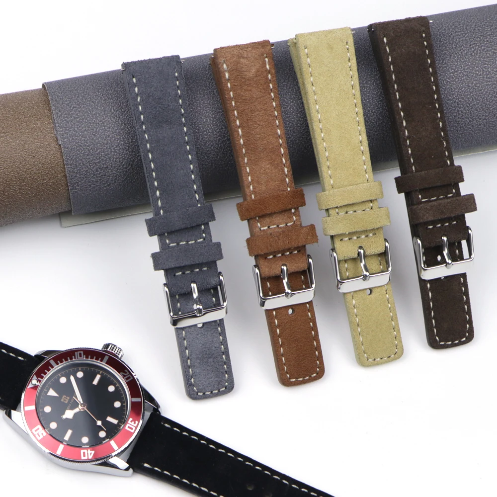 Genuine Bracelet Vintage Soft Watch Band for Seiko Quick Release Wristbelt Retro Suede Stitching Strap 18mm 20mm 22mm