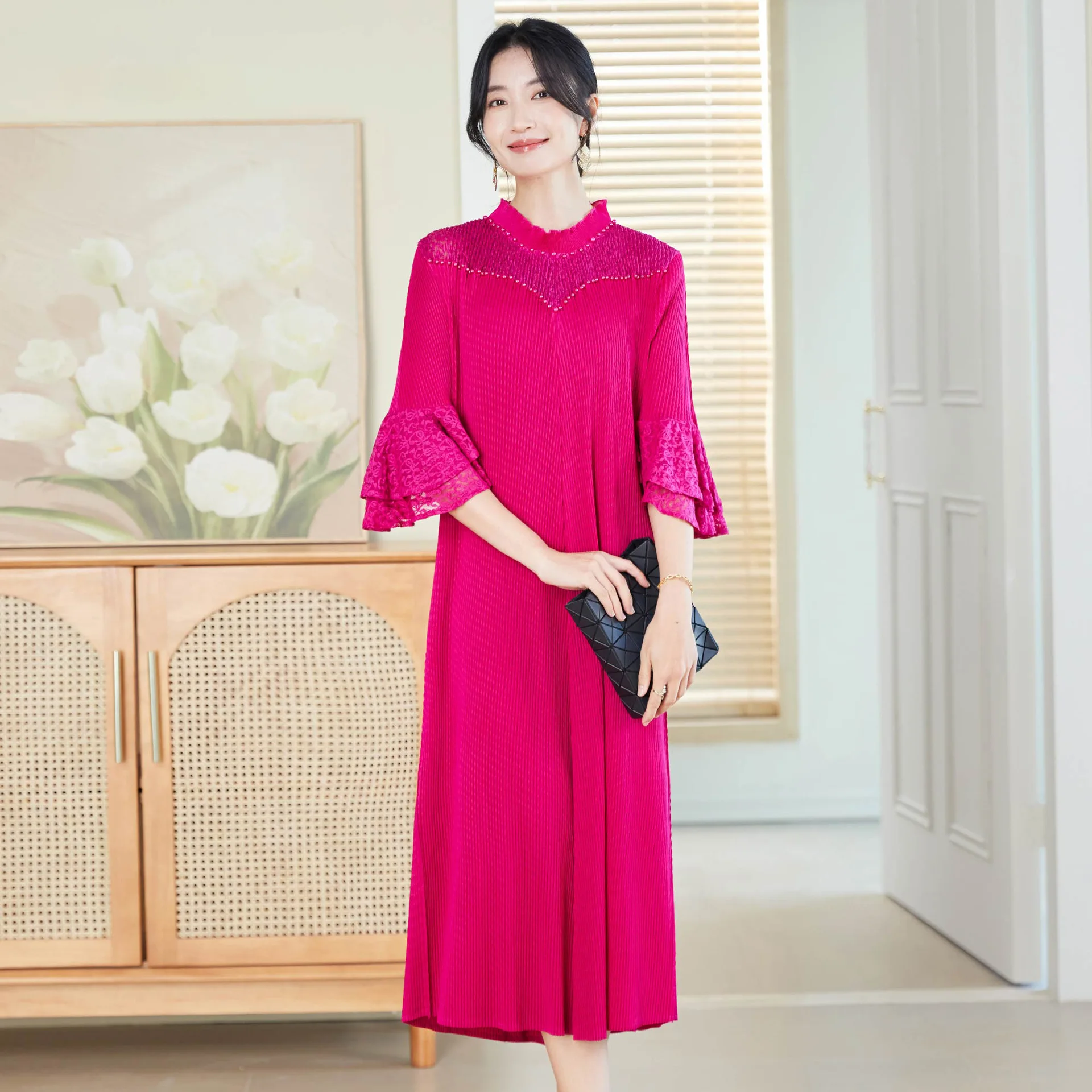 

Miyake Spring and Autumn New 2025 Women's Long Dress Skinny Long Sleeve Big Petal Light Luxury Loose Temperament Dresses