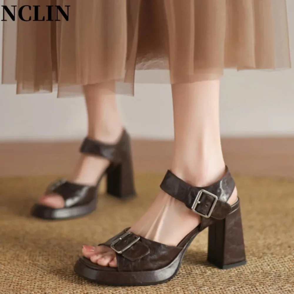 Women's Chunky Heel Platform Sandals - Open Toe Two-Strap Buckle Adjustable Breathable Summer Casual High Heels