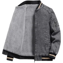 Winter Fleece Denim Jacket Men Thicken Warm Stand Collar Outerwear Coats Fashion Zipper Moto Biker Jean Jackets Mens Clothing